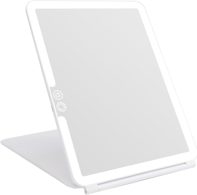 deweisn Folding Lighted Makeup Mirror with 72 LEDs 3 Colors Light Modes USB Rechargable 1800mA Batteries Portable Ultra Thin Compact Vanity Mirror Dimmable Travel Mirror