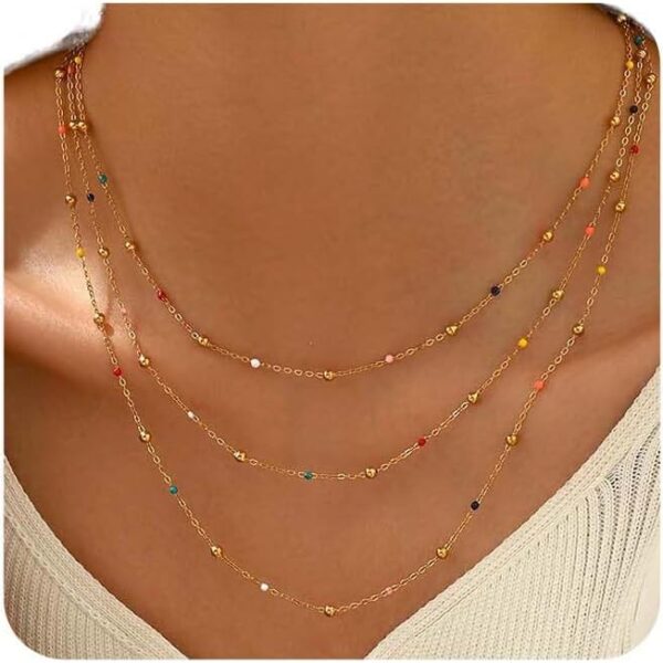 NONAMOIS Gold Chain Necklace for Women Dainty 18K Gold Plated Thin Satellite Beaded Turquoise Necklace Simple Layered Boho Jewelry Christmas Gifts