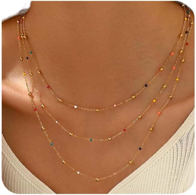 NONAMOIS Gold Chain Necklace for Women Dainty 18K Gold Plated Thin Satellite Beaded Turquoise Necklace Simple Layered Boho Jewelry Christmas Gifts NONAMOIS Gold Chain Necklace for Women Dainty 18K Gold Plated Thin Satellite Beaded Turquoise Necklace Simple Layered Boho Jewelry Christmas Gifts