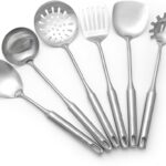 18/10 Stainless Steel Cooking Utensils Set 6 Pcs Metal Long Handle Kitchen Utensil, Spatula, Serving Soup spoon, Leaking shovel, Pasta Spoon Kitchen Tools Set (6 Pieces Set)