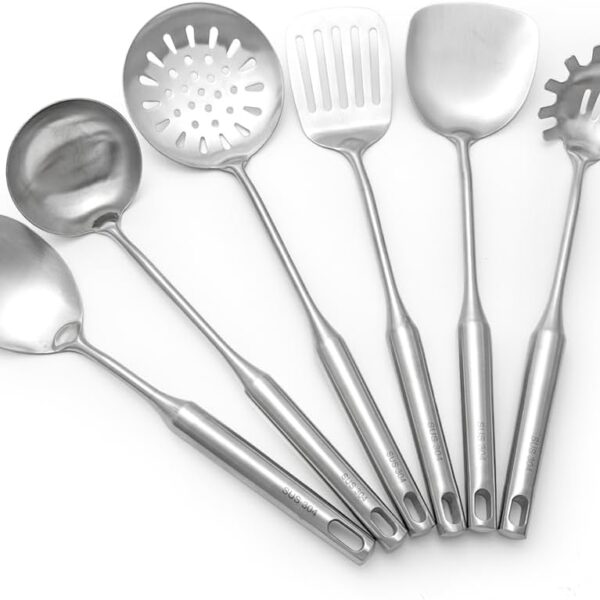 18/10 Stainless Steel Cooking Utensils Set 6 Pcs Metal Long Handle Kitchen Utensil, Spatula, Serving Soup spoon, Leaking shovel, Pasta Spoon Kitchen Tools Set (6 Pieces Set)