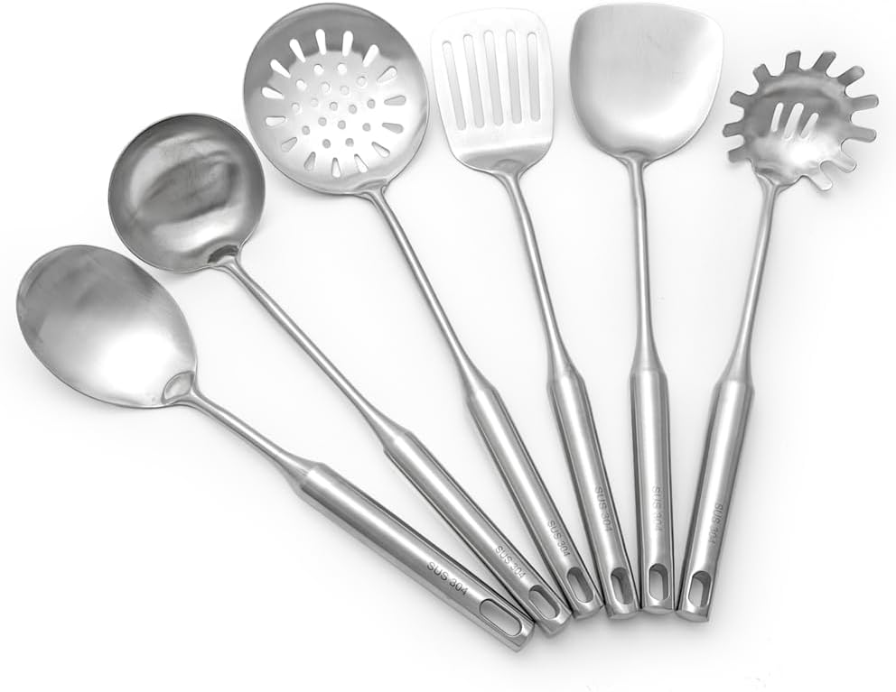 18/10 Stainless Steel Cooking Utensils Set 6 Pcs Metal Long Handle Kitchen Utensil, Spatula, Serving Soup spoon, Leaking shovel, Pasta Spoon Kitchen Tools Set (6 Pieces Set) 18/10 Stainless Steel Cooking Utensils Set 6 Pcs Metal Long Handle Kitchen Utensil, Spatula, Serving Soup spoon, Leaking shovel, Pasta Spoon Kitchen Tools Set (6 Pieces Set)