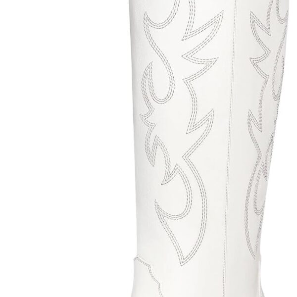 Ouepiano White Cowgirl Boots Women Cowboy Knee High Tall Boots Chunky Heel Pointed Toe Pull-On Western Wide Calf Boats Country Fashion