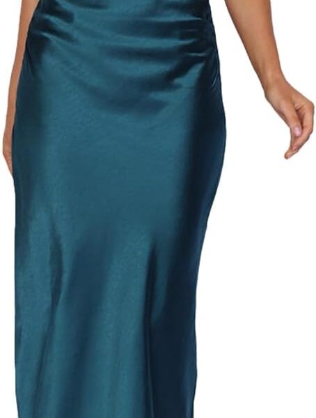 Summer Satin Maxi Dresses for Women 2025 Cowl Neck Ruched Silk Formal Wedding Guest Bridesmaid Slip Dress with Slit