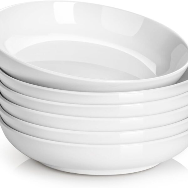 DOWAN 8.5" Pasta Bowls, 32oz Salad Bowls Set of 6, Natural White Ceramic Serving Bowls, Porcelain Plate Bowl Serving Dish Shallow Bowls Set for Kitchen, Microwave Dishwasher Safe