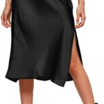 Amy Babe Womens Satin Silk High Waist Slit Midi Skirt Elastic Waistband Midi Skirts for Women