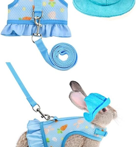 Breathable Small Animal Harness Leash & Hat Set - Adjustable Closure, 3 Colors - Escape-Proof Vest for Bunny, Chinchilla, Guinea Pig, Hamster for All Seasons