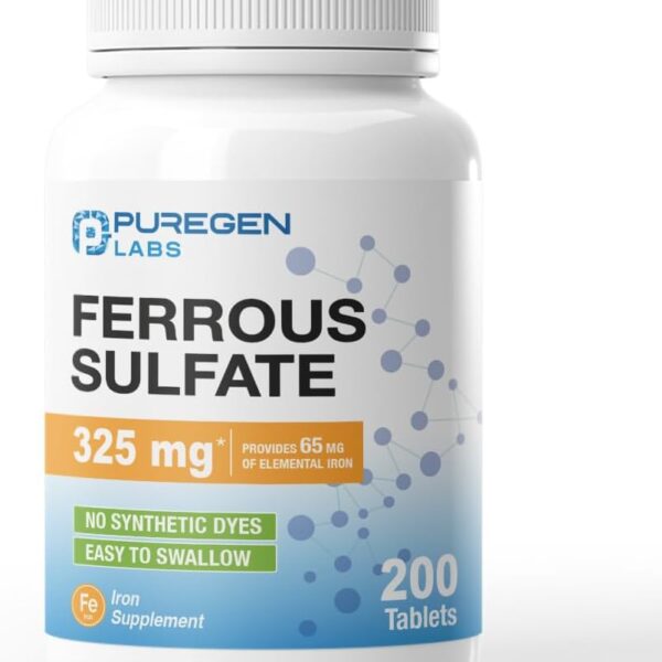 Puregen Labs Ferrous Sulfate 325 mg (65 mg Elemental Iron) High Potency Iron Supplement | No Artificial Color Additives - 200 Tablets