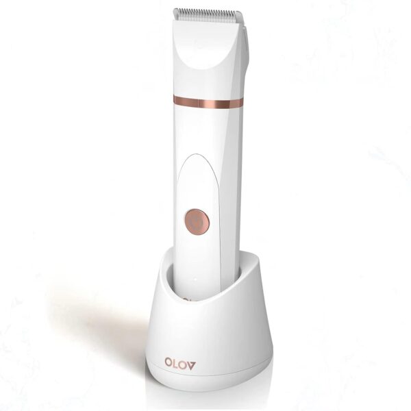 OLOV Electric Body Hair Trimmer - Groin Trimmer for Men - Bikini Trimmer Women - Wet/Dry Shaver Groomer, Replaceable Ceramic Blade Heads, USB Recharge Dock, Waterproof Hygiene Razor, White