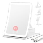 Auxmir Travel Makeup Mirror with 30X Magnification & 3 Dimmable Color Light, Foldable Rechargeable 2000mAh Lighted Travel Mirror, Portable Compact Mirror with Light, Adjustable Height & Angle, White