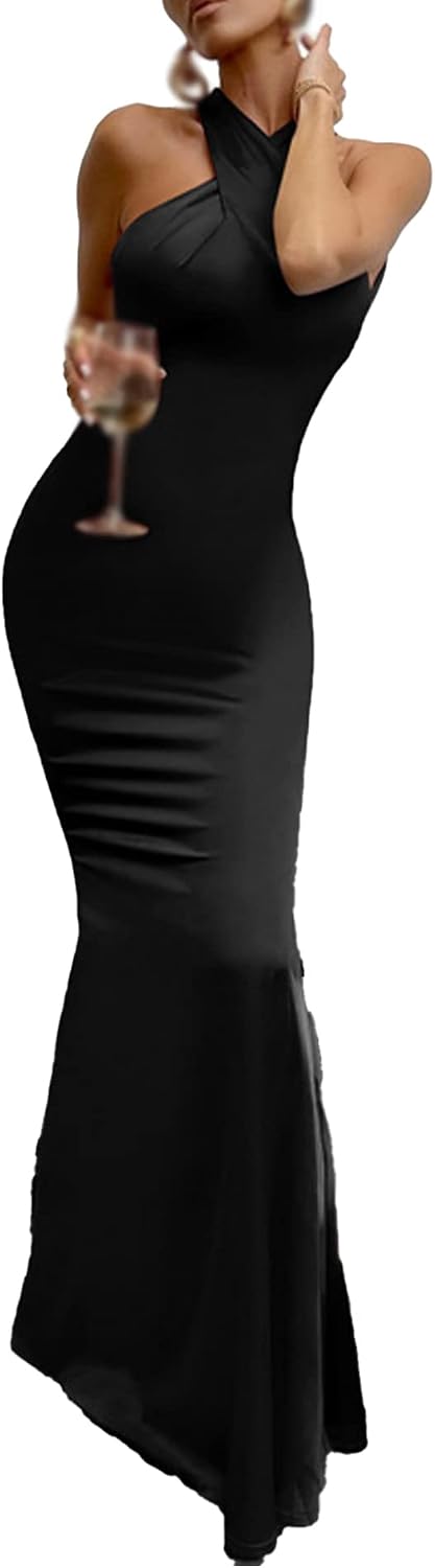 xxxiticat Women's Satin Long Dress Sleeveless Halter Neck Backless Buckle Slip Cold Shoulder Mermaid Prom Party Maxi Dress