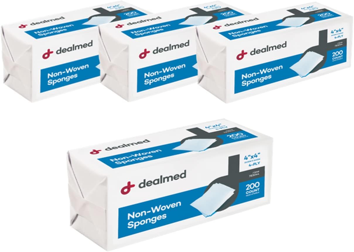 Dealmed Non-Woven Gauze Sponges - 4-Ply, 4" x 4" All-Purpose Non-Sterile Absorbent Dental Gauze Wound Care for First Aid Kit/Medical Facilities, 200 Count (Pack of 4) Dealmed Non-Woven Gauze Sponges - 4-Ply, 4" x 4" All-Purpose Non-Sterile Absorbent Dental Gauze Wound Care for First Aid Kit/Medical Facilities, 200 Count (Pack of 4)