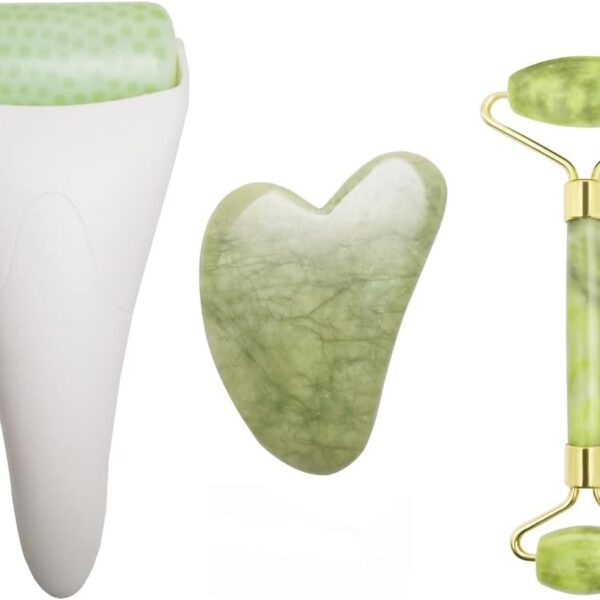 3 in 1 Ficial Face Ice Jade Roller and Gua Sha Tool, Natural Real Jade Anti-Wrinkle Face Eye Neck Massager Tool, Reduce Wrinkles, Puffiness, Migraine, Redness, Pain and Injury