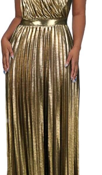 AOMEI Women's Luxury Metallic One Shoulder Sleeveless Elegant Pleated Long Dress