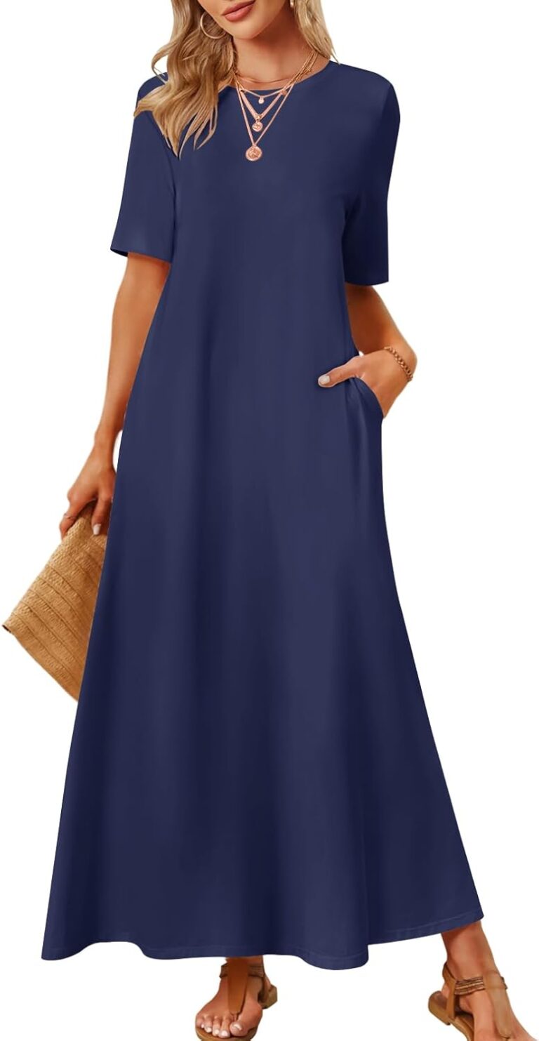 MEROKEETY Summer Casual Maxi Dresses for Women 2026 Vacation Crew Neck Short Sleeve Modest Long T Shirt Dress with Pockets