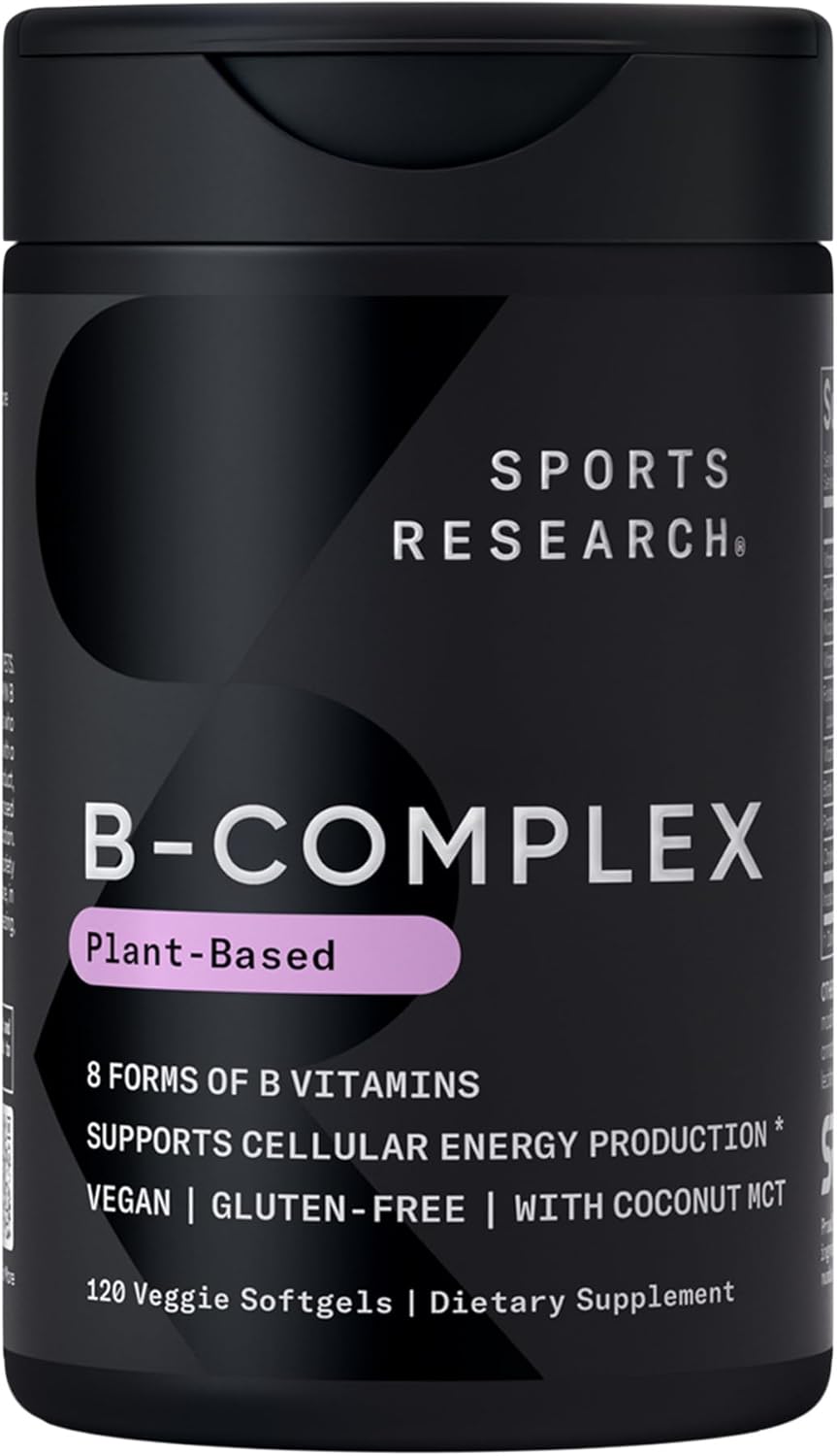 Sports Research Vitamin B-Complex - Full Spectrum of B Vitamins with Methylated B12 & Folate - Gluten Free Plant-Based Non-GMO Vegan-Friendly Formula - 120 Veggie Softgels Sports Research Vitamin B-Complex - Full Spectrum of B Vitamins with Methylated B12 & Folate - Gluten Free Plant-Based Non-GMO Vegan-Friendly Formula - 120 Veggie Softgels