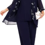 Women's Plus Size Wedding Pant Suits 3 Piece Chiffon Party Outfit for Mother of The Groom Bride Evening Gowns