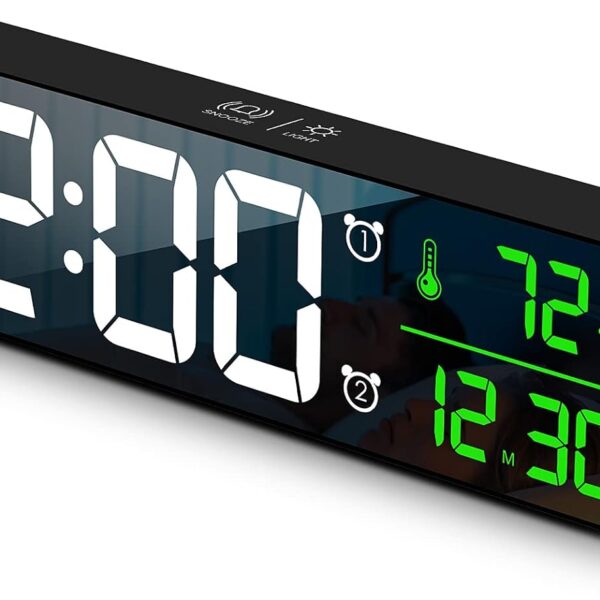 Digital Clock Large Display, Alarm Clock for Living Room Office Bedroom Decor, LED Corded Electric, Date Temp Display Wall Clock, Automatic Brightness Dimmer Smart Cool Modern Desk Accessories Black