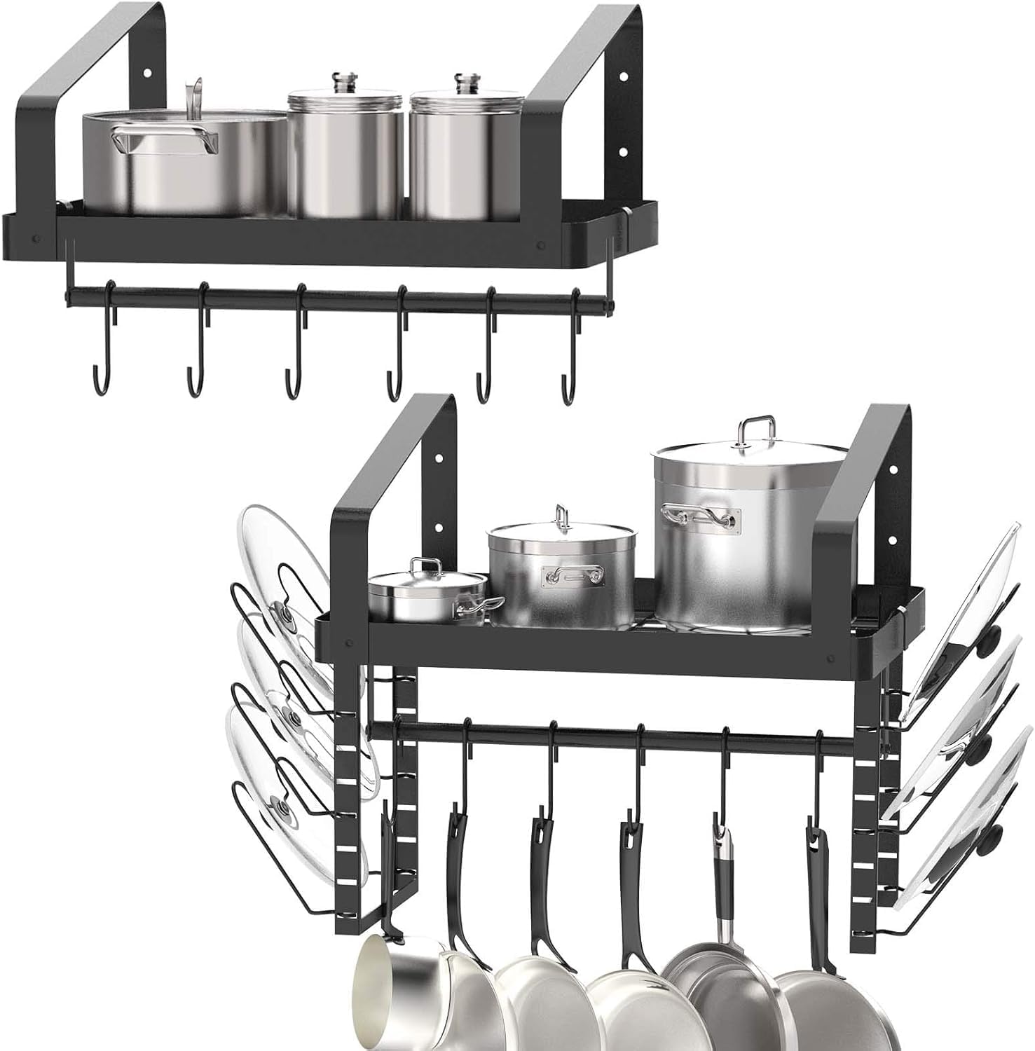 X-cosrack Pot Racks Wall Mounted Set of 2,with Towel Bar and Pots Pans Lids Organizer, Kitchen Cookware Hanging Shelves with 12 Hooks, Black X-cosrack Pot Racks Wall Mounted Set of 2,with Towel Bar and Pots Pans Lids Organizer, Kitchen Cookware Hanging Shelves with 12 Hooks, Black