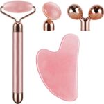 SSGP 4-in-1 Face Massager and Gua Sha Set for Women, Rose Quartz Face Roller Skin Care Tools Electric Eye Massager Tool for Face Skin Roller