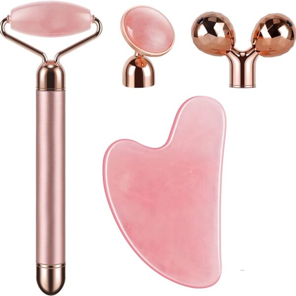 SSGP 4-in-1 Face Massager and Gua Sha Set for Women, Rose Quartz Face Roller Skin Care Tools Electric Eye Massager Tool for Face Skin Roller