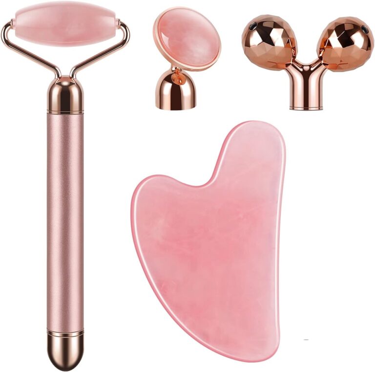 SSGP 4-in-1 Face Massager and Gua Sha Set for Women, Rose Quartz Face Roller Skin Care Tools Electric Eye Massager Tool for Face Skin Roller