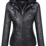 Springrain Women's Faux Leather Jacket Moto Biker Coat with Detachable Hood Motorcycle Jacket