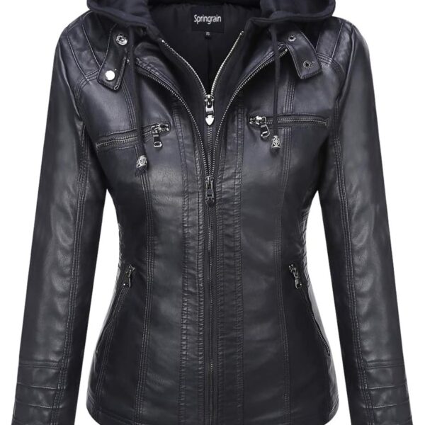 Springrain Women's Faux Leather Jacket Moto Biker Coat with Detachable Hood Motorcycle Jacket