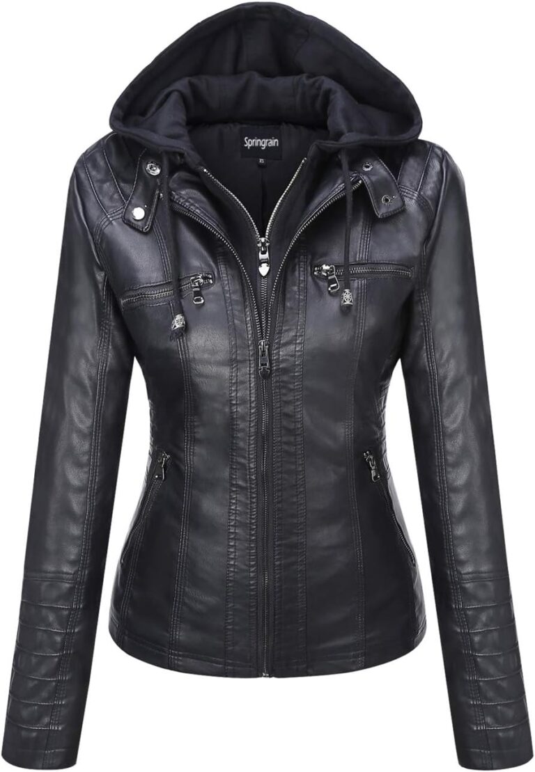 Springrain Women's Faux Leather Jacket Moto Biker Coat with Detachable Hood Motorcycle Jacket