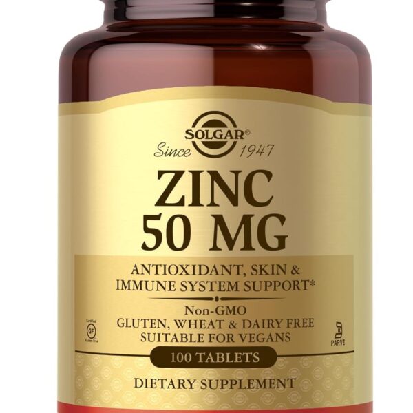 Solgar Zinc 50 mg, 100 Tablets - Zinc for Healthy Skin, Taste & Vision - Immune System & Antioxidant Support - Supports Cell Growth & DNA Formation - Non GMO, Vegan, Gluten Free - 100 Servings