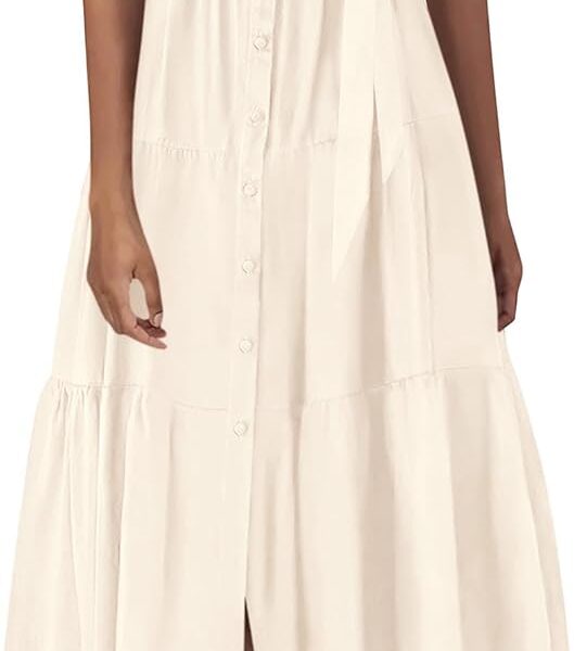 KIRUNDO Summer Button Down Wedding Guest Shirt Dresses for Women Maxi Flutter Short Sleeve Flowy Tiered Beach Sun Dress