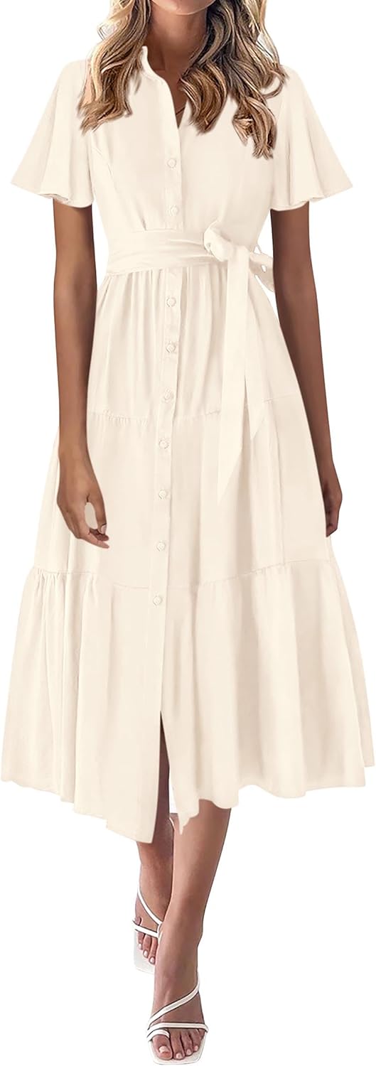 KIRUNDO Summer Button Down Wedding Guest Shirt Dresses for Women Maxi Flutter Short Sleeve Flowy Tiered Beach Sun Dress KIRUNDO Summer Button Down Wedding Guest Shirt Dresses for Women Maxi Flutter Short Sleeve Flowy Tiered Beach Sun Dress