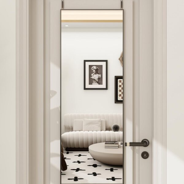 BEAUTYPEAK 14" x 48" Adjustable Height Over The Door Mirror, Rectangular Full Length Hanging Door Mirror with Shatterproof Tempered Glass Aluminum Alloy Frame for Dormitory, Black