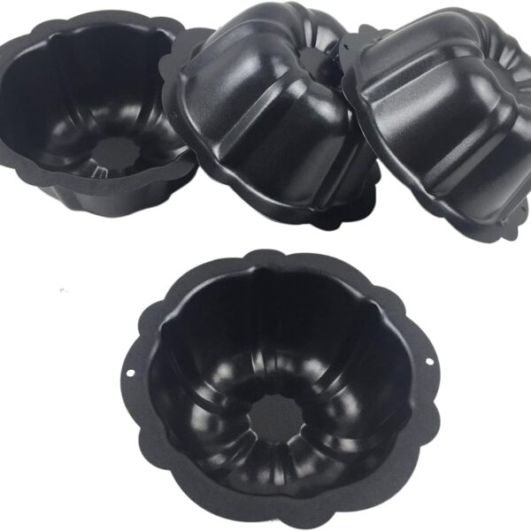 4 Inch Fluted Tube Cake Pan, Nonstick Mini Kugelhopf Mold, Carbon Steel Fluted Baking Cake Pans, Metal Round Pumpkin Shaped Mould for Muffin, Brownie, Pudding - Black, Set of 4