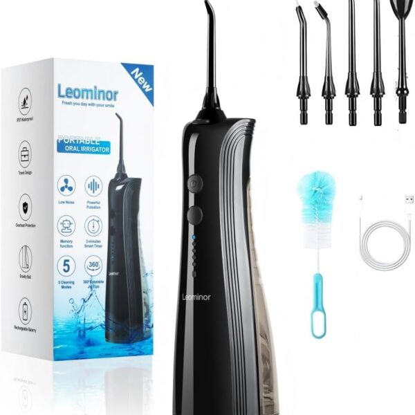 Leominor Water Dental Flosser - 5 Modes Cordless Portable Oral Irrigator, IPX7 Waterproof, Rechargeable Teeth Cleaner Upgrade Datchable Tank Professional Flossing Cleaning Pick for Home Travel (Black)
