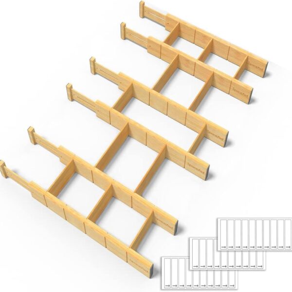 SpaceAid Bamboo Drawer Dividers with Inserts and Labels, Kitchen Adjustable Drawer Organizers, Expandable Organization for Home, Office, Dressers and Bathroom, 6 Dividers with 12 Inserts (17-22 in)