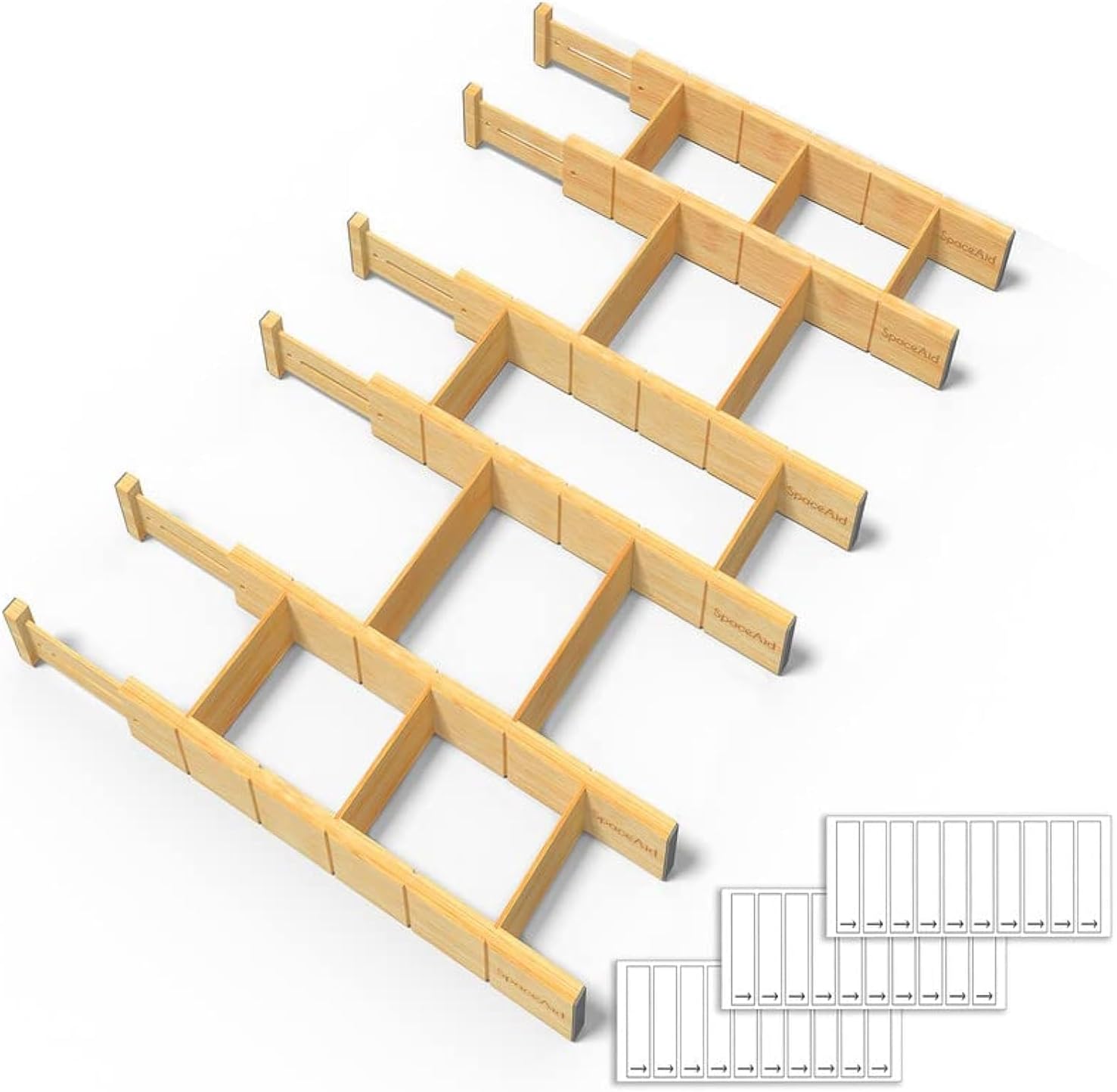 SpaceAid Bamboo Drawer Dividers with Inserts and Labels, Kitchen Adjustable Drawer Organizers, Expandable Organization for Home, Office, Dressers and Bathroom, 6 Dividers with 12 Inserts (17-22 in) SpaceAid Bamboo Drawer Dividers with Inserts and Labels, Kitchen Adjustable Drawer Organizers, Expandable Organization for Home, Office, Dressers and Bathroom, 6 Dividers with 12 Inserts (17-22 in)