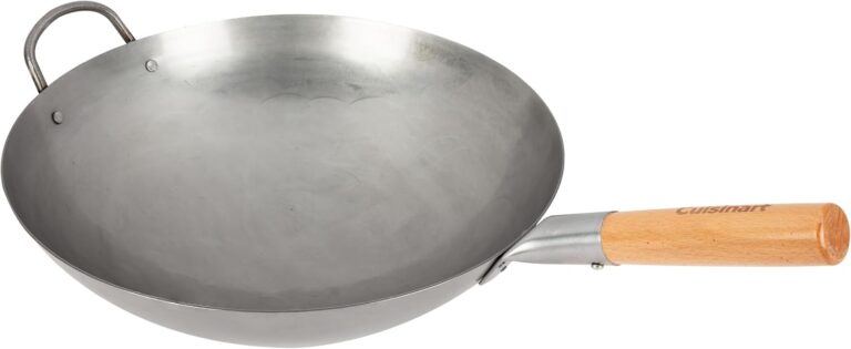 Cuisinart 14 Carbon Steel Hammered Wok, Traditional Round Bottom, Stir Fry Pan with Wooden & Helper Handle for Authentic Asian Cuisine, Wok Hei Cooking Perfect for Stir-Fry, Saut & Deep Fry