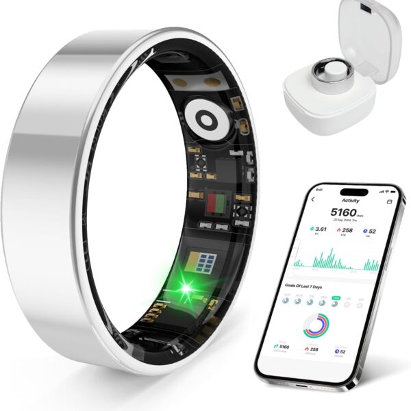 Smart Health Ring, Featuring Stress and Sleep Monitoring Functions, Compatible with iOS and Android,Waterproof Fitness Tracker for Women & Men, No Subscription Fee. (Silver, 12)
