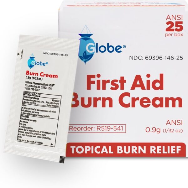 Globe First Aid Burn Cream 0.9g Packets, (Box of 25) Advanced First Aid Cream for Temporary Relief of Minor Burns, Cuts, and Scrapes