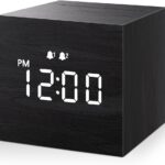 JALL Digital Alarm Clock, with Wooden Electronic LED Time Display, 3 Alarm, 2.5-inch Cubic Small Mini Wood Made Electric Clocks for Bedroom, Bedside, Desk, Black