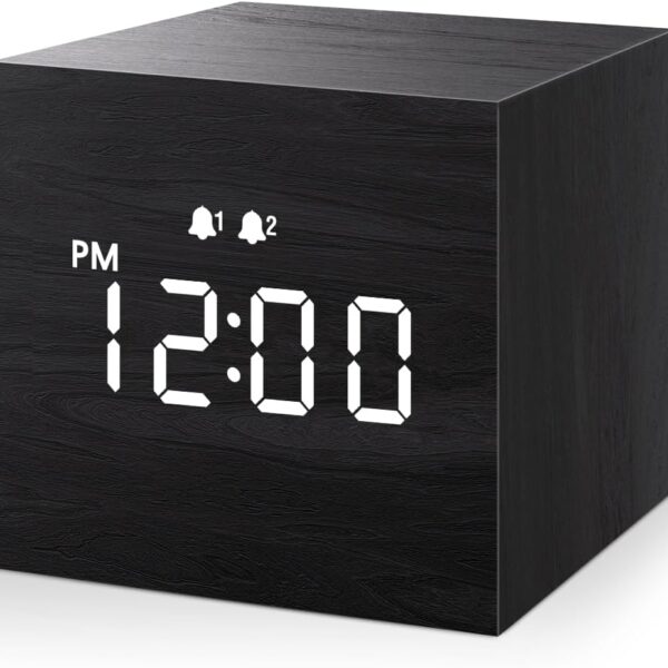 JALL Digital Alarm Clock, with Wooden Electronic LED Time Display, 3 Alarm, 2.5-inch Cubic Small Mini Wood Made Electric Clocks for Bedroom, Bedside, Desk, Black
