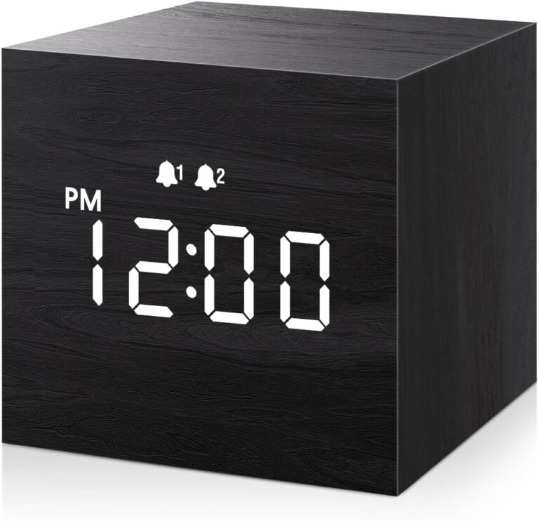 JALL Digital Alarm Clock, with Wooden Electronic LED Time Display, 3 Alarm, 2.5-inch Cubic Small Mini Wood Made Electric Clocks for Bedroom, Bedside, Desk, Black