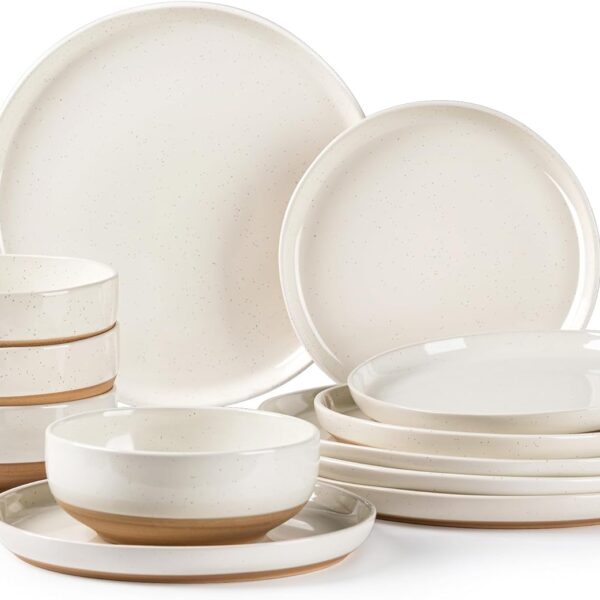 AmorArc Ceramic Dinnerware Sets, Handpainted Plates and Bowls Set with Rustic Terracotta Underside, Scratch Resistant Stoneware Dishes Set, Dishwasher & Microwave Safe