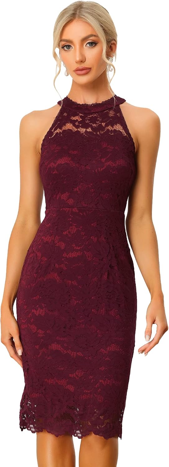 Allegra K Halter Formal Dress for Women's Sleeveless Bodycon Wedding Guest Cocktail Lace Sheath Dress Allegra K Halter Formal Dress for Women's Sleeveless Bodycon Wedding Guest Cocktail Lace Sheath Dress