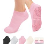 yeuG Pilates Socks for Women Non Slip Grip Socks for Yoga, Barre, Hospital, Barefoot Grippy Yoga Sock Womens Gifts 4 Pairs