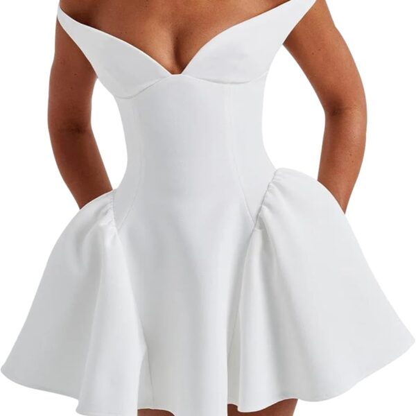 Women's Summer Sexy V Neck Off Shoulder Wedding Mini Dresses Backless A Line Puffy Hem Prom Party Gown
