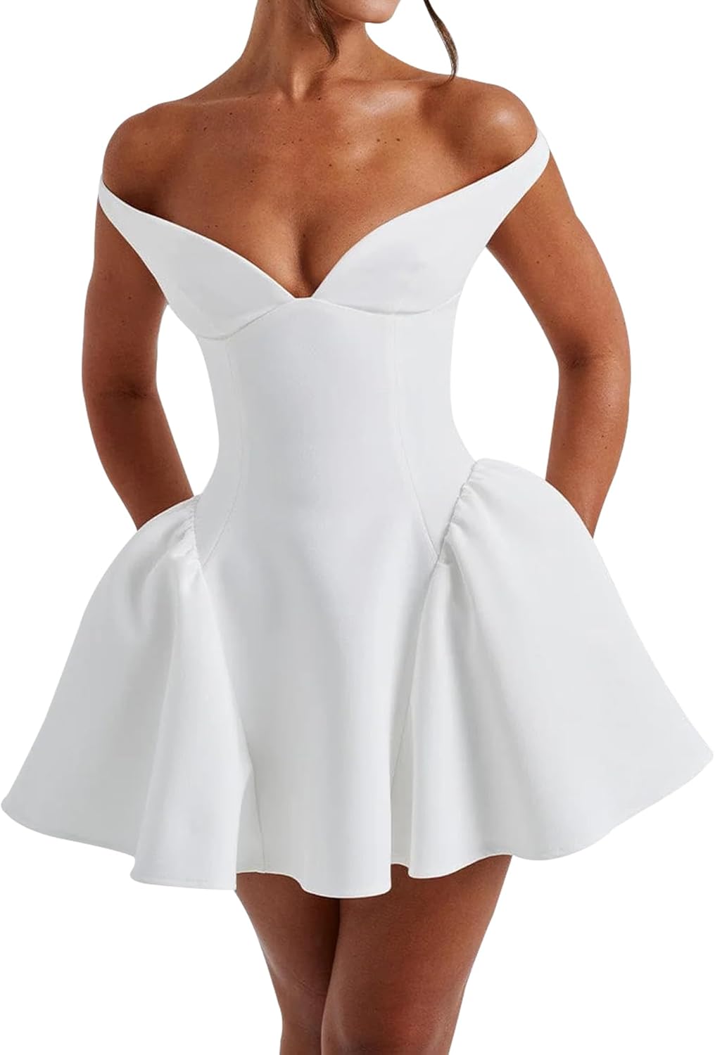 Women's Summer Sexy V Neck Off Shoulder Wedding Mini Dresses Backless A Line Puffy Hem Prom Party Gown Women's Summer Sexy V Neck Off Shoulder Wedding Mini Dresses Backless A Line Puffy Hem Prom Party Gown