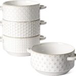 LE TAUCI Soup Bowls with Handles, 20 oz French Onion Soup Crocks, Stackable Soup Bowl Oven Safe for Chili, Beef Stew, Embossment Ceramic Bowl Set - 5.4 Inch, Set of 4, Arctic White