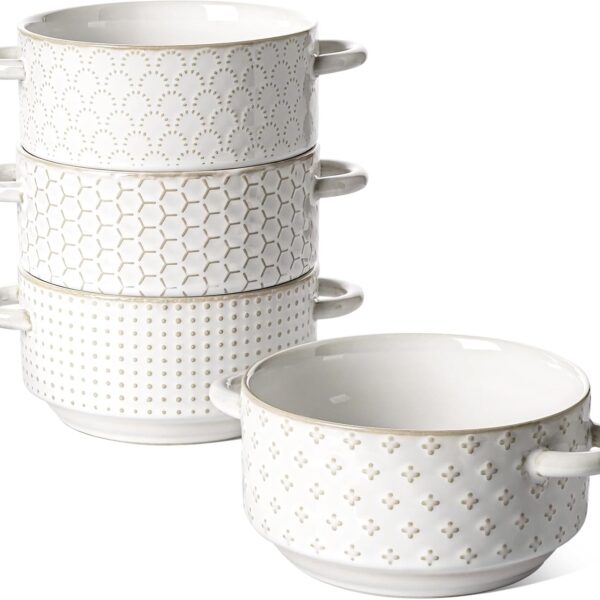 LE TAUCI Soup Bowls with Handles, 20 oz French Onion Soup Crocks, Stackable Soup Bowl Oven Safe for Chili, Beef Stew, Embossment Ceramic Bowl Set - 5.4 Inch, Set of 4, Arctic White